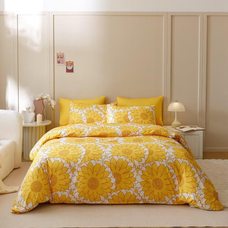 CLOTHKNOW Yellow Sunflower Comforter Set Full Size 3Pcs Yellow White Bedding Comforter Sets Light Yellow Comforter Full Women Girls Comforter Yellow Flower Comforter Lightweight Comforter Bed Set Full - Image 1