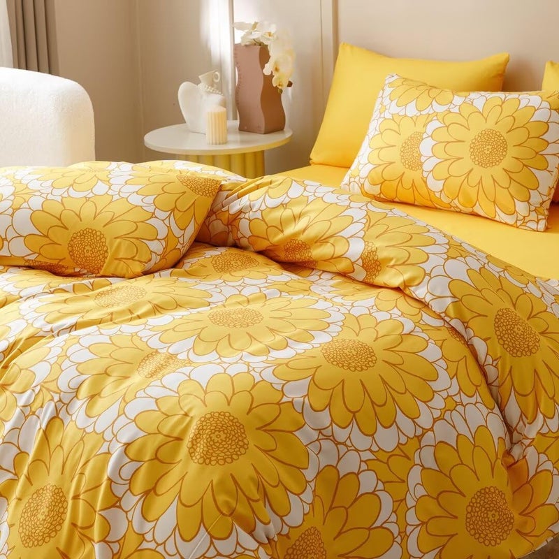 CLOTHKNOW Yellow Sunflower Comforter Set Full Size 3Pcs Yellow White Bedding Comforter Sets Light Yellow Comforter Full Women Girls Comforter Yellow Flower Comforter Lightweight Comforter Bed Set Full - Image 2