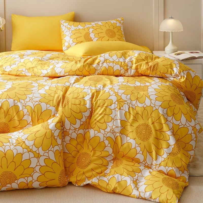 CLOTHKNOW Yellow Sunflower Comforter Set Full Size 3Pcs Yellow White Bedding Comforter Sets Light Yellow Comforter Full Women Girls Comforter Yellow Flower Comforter Lightweight Comforter Bed Set Full - Image 4