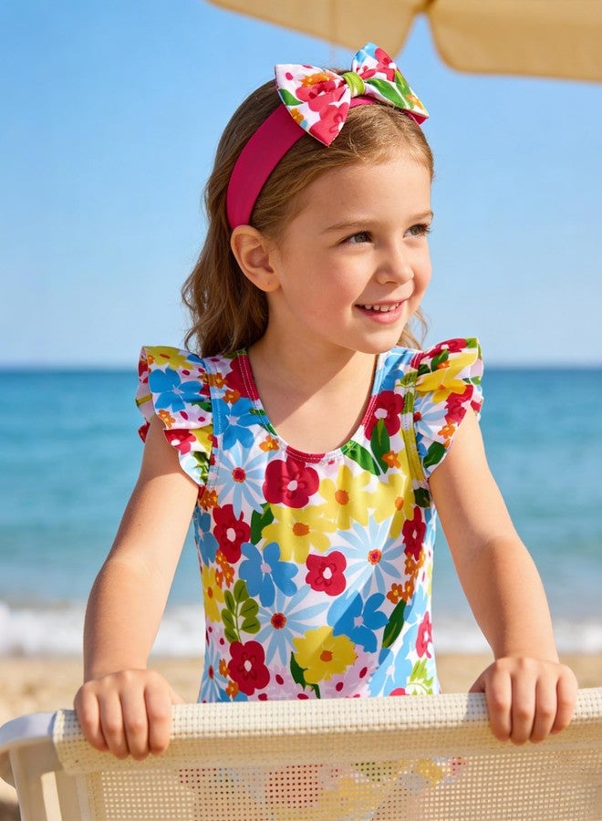 Redair Cute Toddler Girl Swimsuit Ruffle One Piece Bathing Suit with Head BowVibrant Floral 2-3T - Image 2