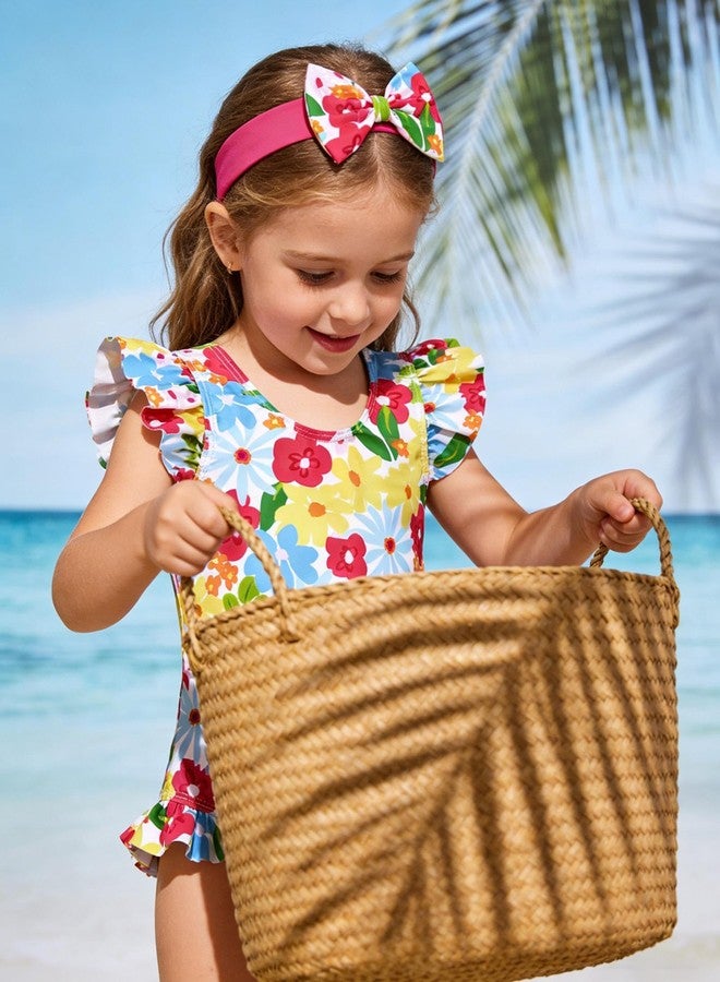 Redair Cute Toddler Girl Swimsuit Ruffle One Piece Bathing Suit with Head BowVibrant Floral 2-3T - Image 3