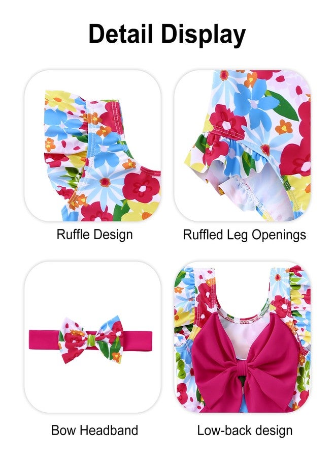 Redair Cute Toddler Girl Swimsuit Ruffle One Piece Bathing Suit with Head BowVibrant Floral 2-3T - Image 5