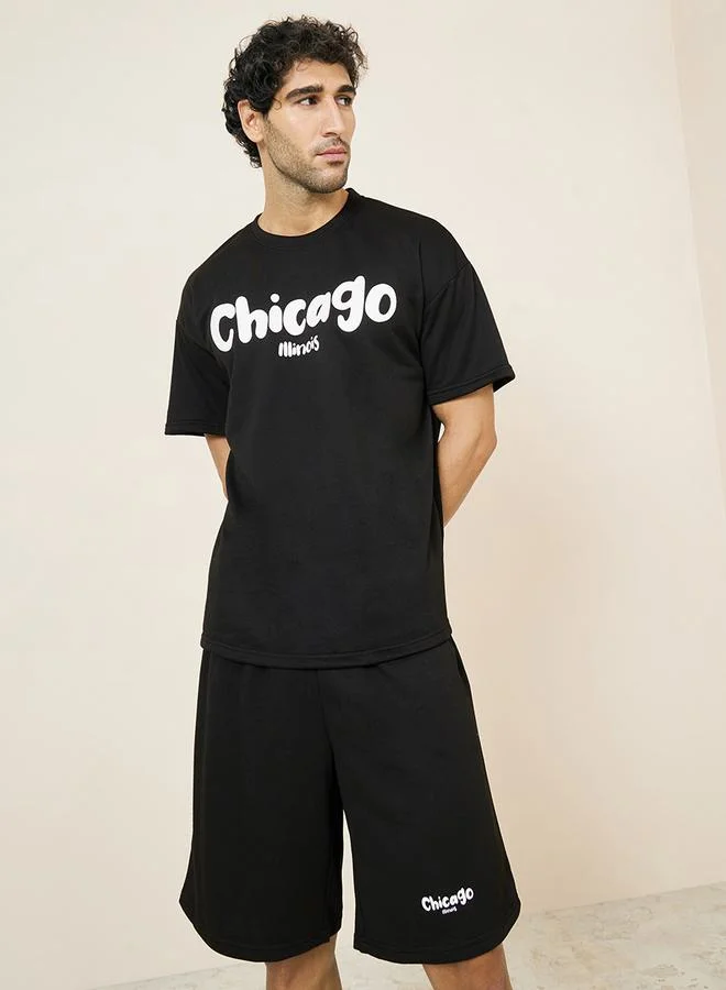 Styli City Print Oversized Terry T-Shirt & Shorts Co-Ord Set