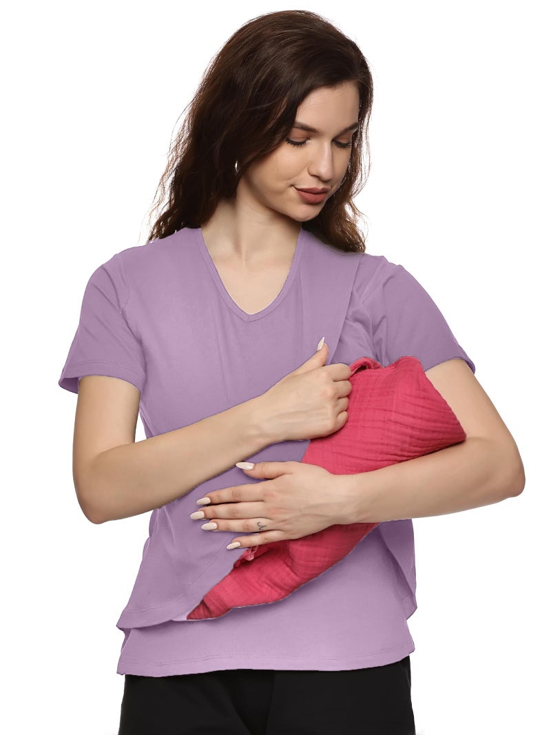KIKWIT Women Cotton Maternity Feeding Tops Without Zip , Feeding Coverup Pregnancy Tshirt,Feeding T-Shirt for Easy Nursing & Breastfeeding, Maternity Top for Mothers (in, Alpha, M, Regular, Lavender) - Image 1