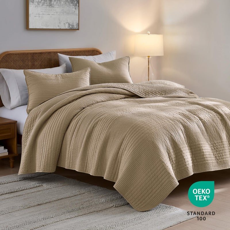 palassio Striped Dark Beige 100% Cotton Quilt Queen Size Bedding Sets, Lightweight Crinkly Channel Pick Stitch Textured Bedspread Soft Shabby Chic Farmhouse Country Coverlet for All Season, 2 Shams - Image 2