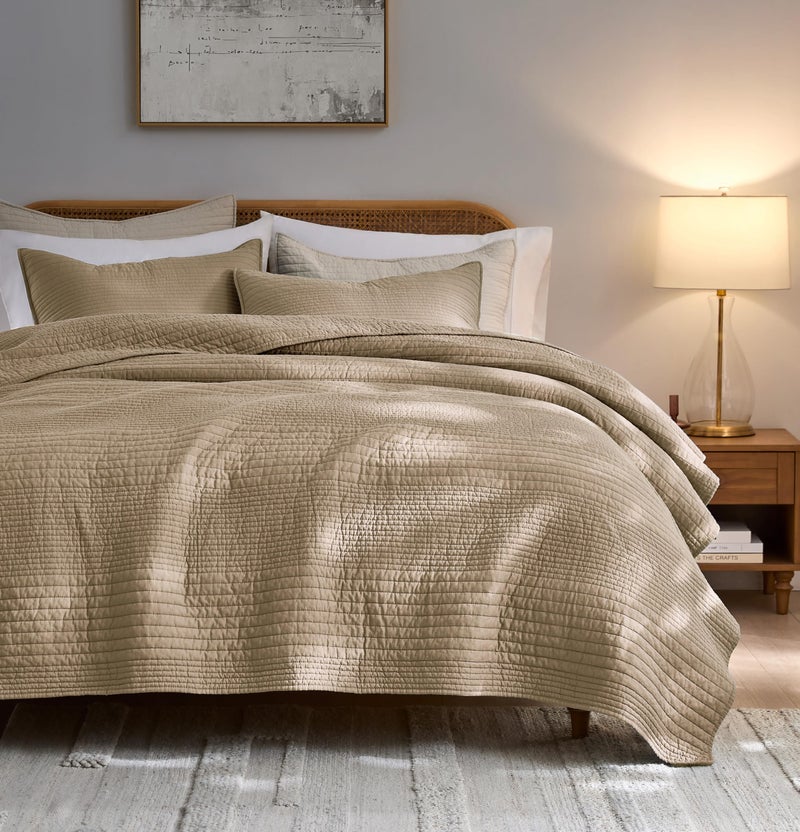 palassio Striped Dark Beige 100% Cotton Quilt Queen Size Bedding Sets, Lightweight Crinkly Channel Pick Stitch Textured Bedspread Soft Shabby Chic Farmhouse Country Coverlet for All Season, 2 Shams - Image 1