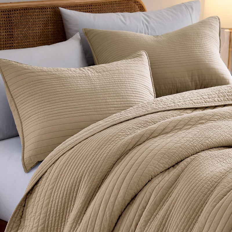 palassio Striped Dark Beige 100% Cotton Quilt Queen Size Bedding Sets, Lightweight Crinkly Channel Pick Stitch Textured Bedspread Soft Shabby Chic Farmhouse Country Coverlet for All Season, 2 Shams - Image 3