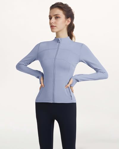 Locachy Women's Slim Fit Full Zip Athletic Running Sports Workout Jacket with Thumb Holes 01 Blue S - Image 4