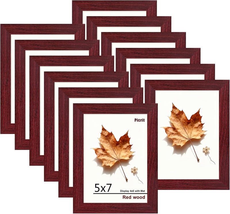 Picrit 5x7 Picture Frame Set of 12, Display 4x6 with Mat or 5x7 without Mat, Photo Frames for Wall Mounting or Table Top Display, Dark Red Wood - Image 1