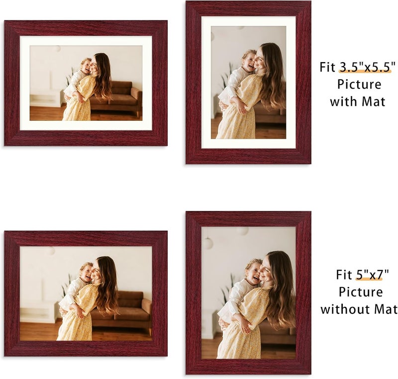 Picrit 5x7 Picture Frame Set of 12, Display 4x6 with Mat or 5x7 without Mat, Photo Frames for Wall Mounting or Table Top Display, Dark Red Wood - Image 4
