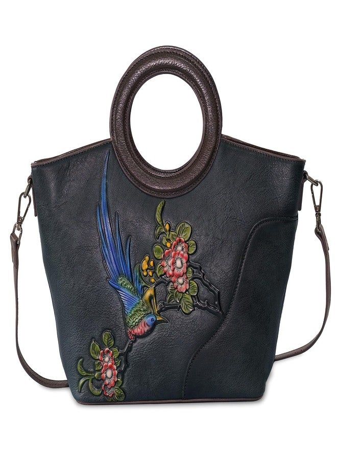 SHARPAD Genuine Leather Satchel for Women Top Handle Bags Handmade Purse Vintage Embossed Leather Crossbody Handbags Hobo Bag, Black-1, 9.45" L × 4.7" W × 9.85" H, 14.2" L - Image 1