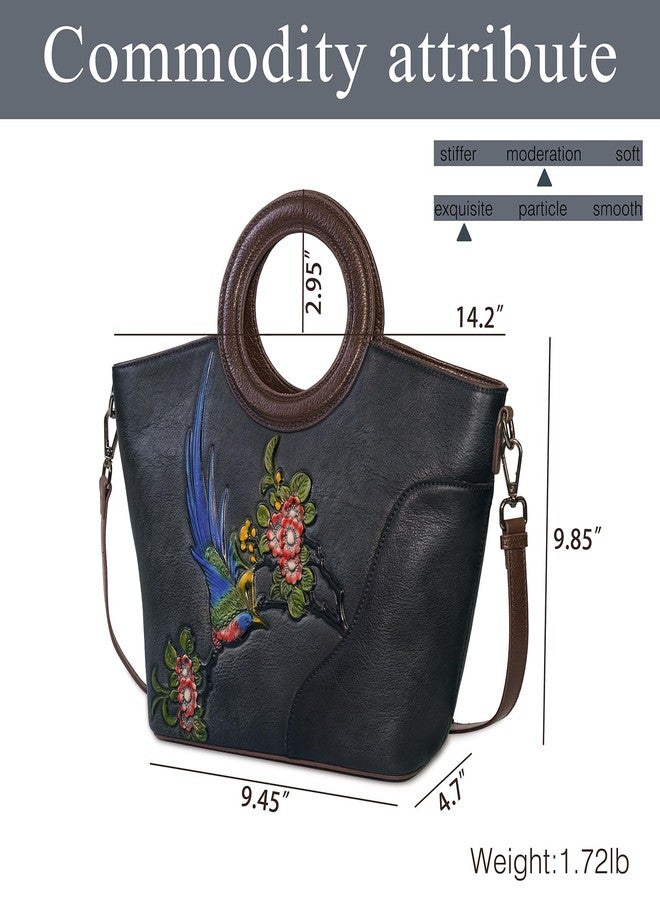 SHARPAD Genuine Leather Satchel for Women Top Handle Bags Handmade Purse Vintage Embossed Leather Crossbody Handbags Hobo Bag, Black-1, 9.45" L × 4.7" W × 9.85" H, 14.2" L - Image 2