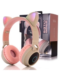 Generic Cat Ear Kids Bluetooth Headphones Wired with Mic for School - Wireless Boy Girls Noise Cancelling Bluetooth Headphones Foldable Children Headsets for iPad Kindle Airplane Travel Tablet (Beige Pink)  - Image 1