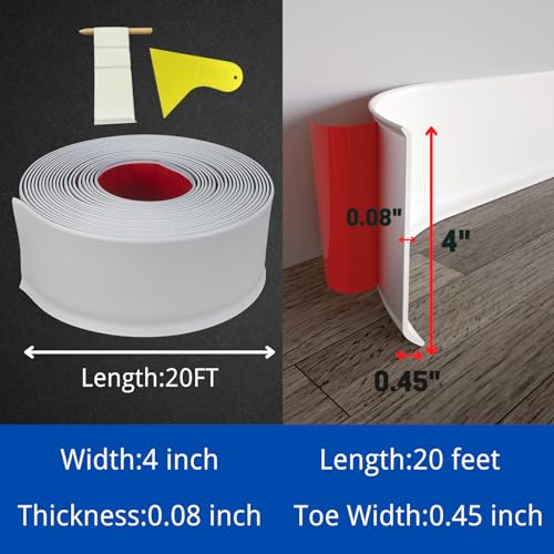 COUKIU Flexible Baseboard Molding Trim, 4 Inch x 20 Feet Self-Adhesive Vinyl Wall Base Cove Base, Peel and Stick Rubber Wall Base Moulding Trim(S100, White) - Image 4