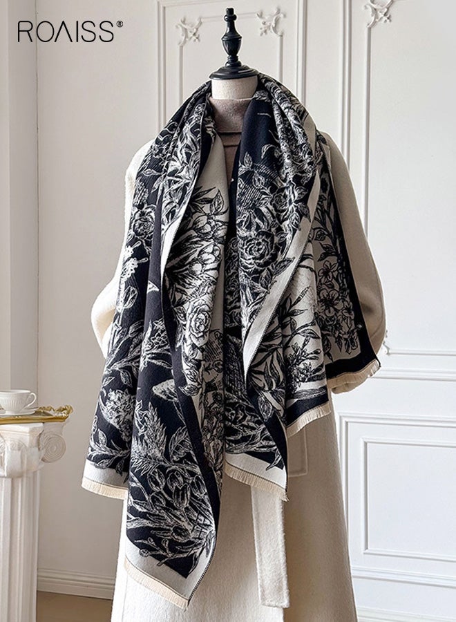 roaiss Women's Polyester Fringe Shawl Reversible design featuring vintage floral botanical patterns Thickened warm scarf Essential neck warmer for autumn/winter air-conditioned environments - Image 1