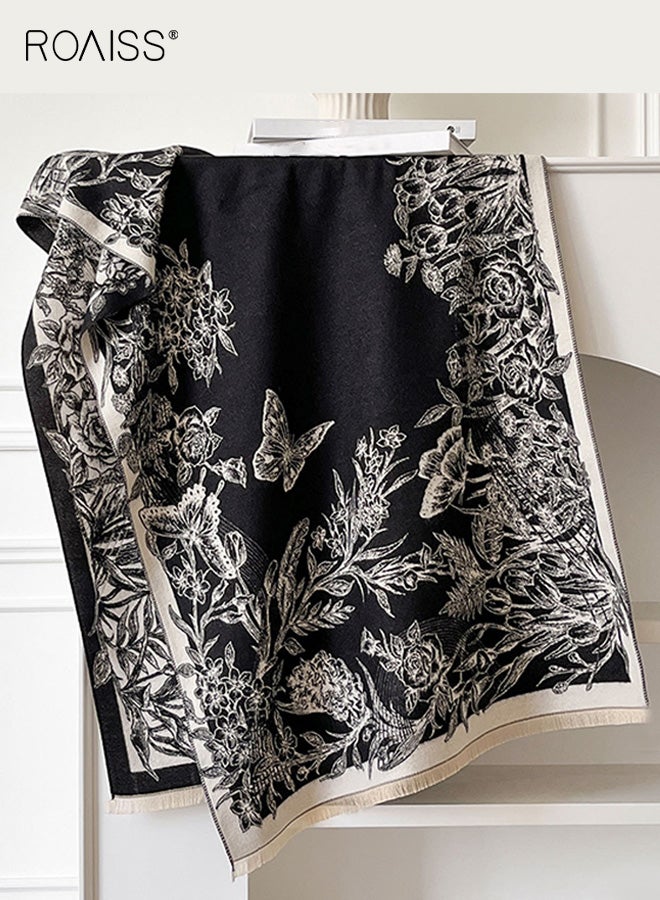 roaiss Women's Polyester Fringe Shawl Reversible design featuring vintage floral botanical patterns Thickened warm scarf Essential neck warmer for autumn/winter air-conditioned environments - Image 2