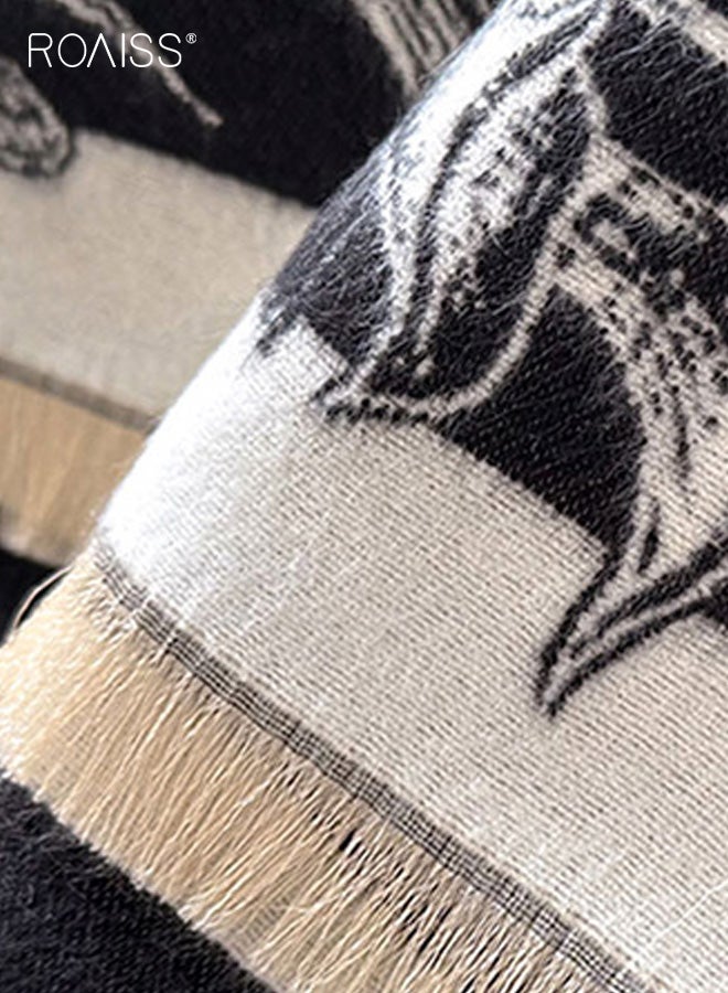 roaiss Women's Polyester Fringe Shawl Reversible design featuring vintage floral botanical patterns Thickened warm scarf Essential neck warmer for autumn/winter air-conditioned environments - Image 3