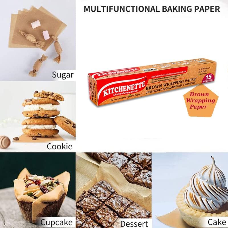Kitchenette Brown Food Wrapping Paper | 15m Unbleached Chlorine-Free Parchment | Oven & Microwave Safe | Non-Stick Oil-Proof Surface | Food Safety Certified | for Baking, Roasting & Food Storage - Image 3