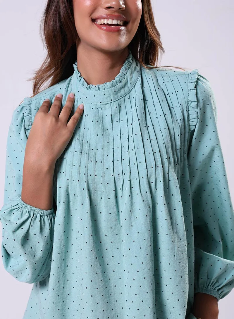 Zigzag Pintuck Detailed Polka Dot Green Top