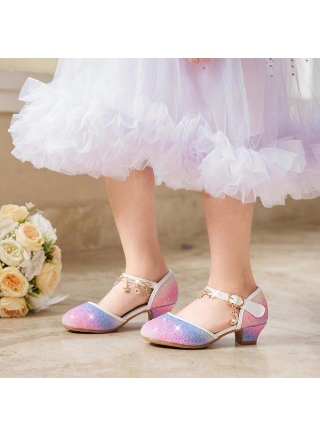 Furdeour Girls Sandals Big High Heels Size 3 Starry Purple Wedding Flower Girl Princess Party(2902StaPurple 3) - Image 2