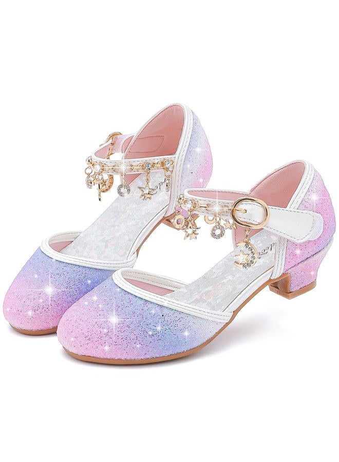 Furdeour Girls Sandals Big High Heels Size 3 Starry Purple Wedding Flower Girl Princess Party(2902StaPurple 3) - Image 1