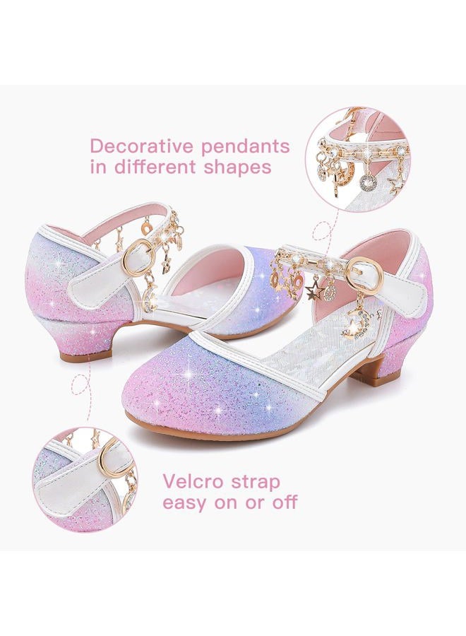 Furdeour Girls Sandals Big High Heels Size 3 Starry Purple Wedding Flower Girl Princess Party(2902StaPurple 3) - Image 4