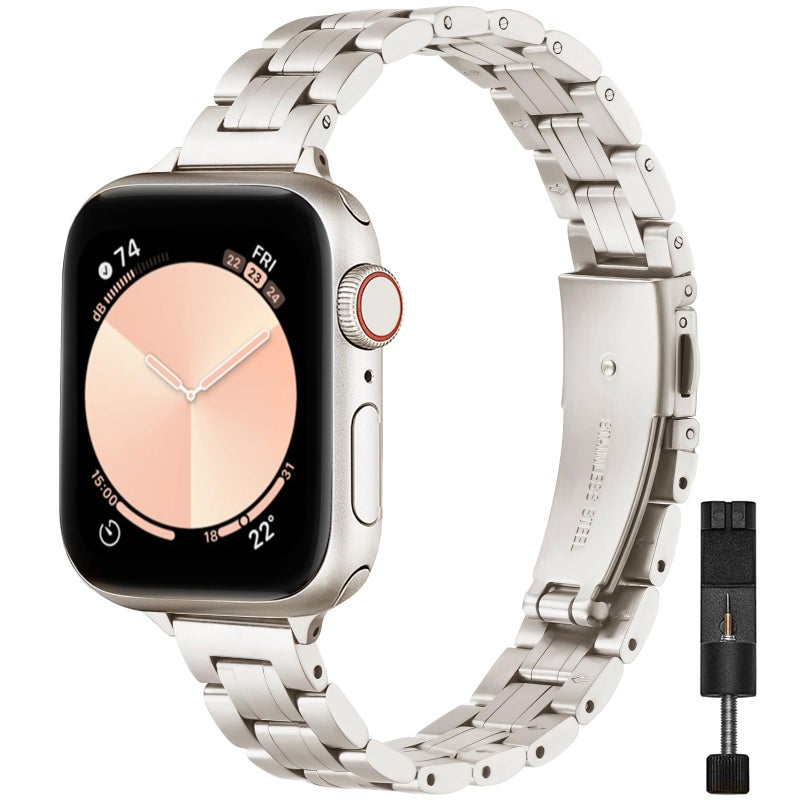 STIROLL Thin Replacement Band Compatible for Apple Watch 38mm 40mm 41mm 42mm(Series 11 10), Stainless Steel Metal Wristband Women Men for iWatch Ultra SE Series 9 8 7 6 5 4 3 2 1, Starlight - Image 1