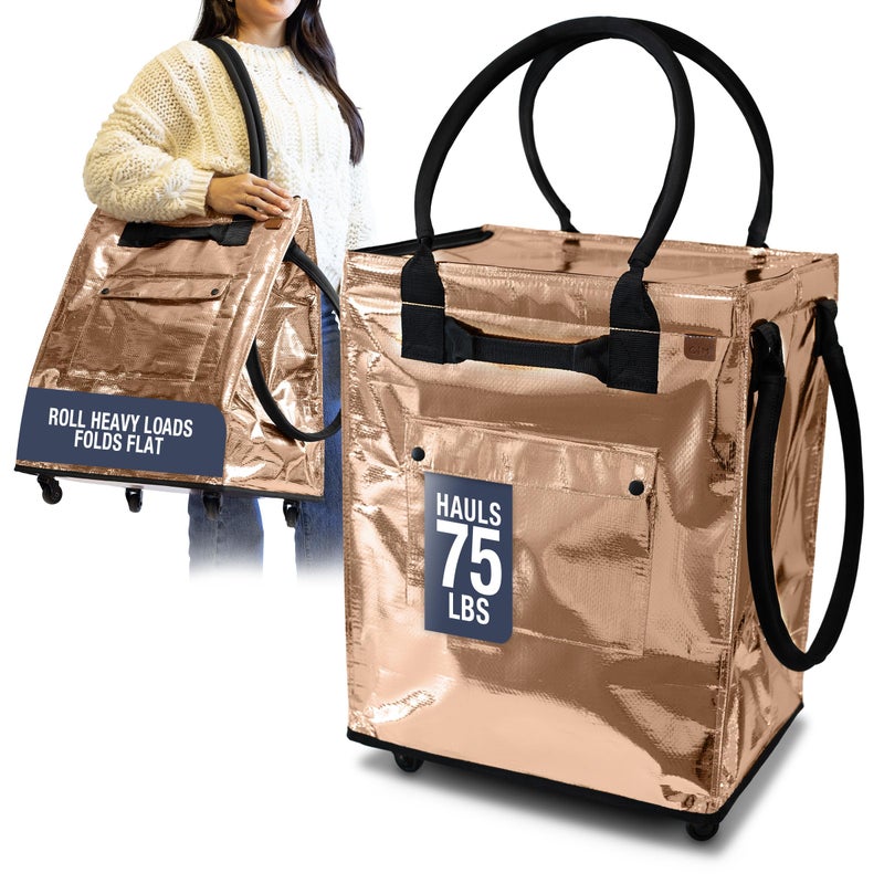 CleverMade Hauler Rolling Tote Bag, 90L Collapsible Portable Shopping Cart with Wheels for Groceries, Laundry, Organization â€“ Heavy Duty Utility Tote with 75 lb Capacity, Basket with Wheels, Rose Gold - Image 1