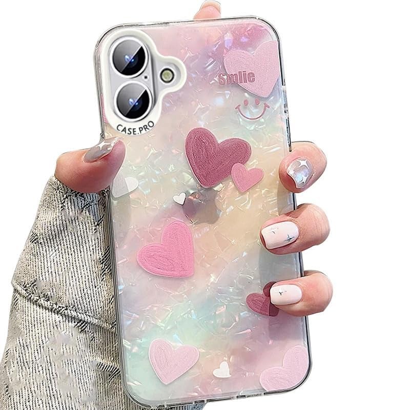 Designed for iPhone 16 Cover Cool Shining Shell Love Heart Pattern Design with TPU Edges Phone Back Cover Case for Girls Women (Bling Heart Pink)