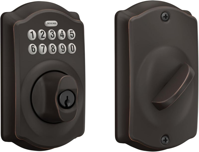 SCHLAGE BE365 V CAM 716 Camelot Keypad Deadbolt, Electronic Keyless Entry Lock, Aged Bronze - Image 1