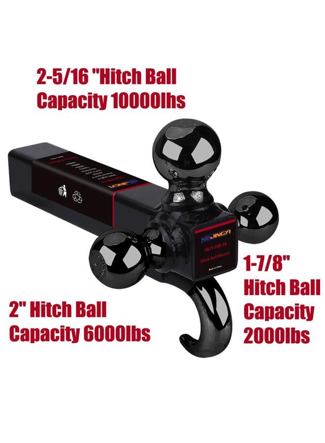 NBJINGYI 2" Trailer Hitch Tri Ball Mount with Hook 1-7/8", 2", 2-5/16" Chrome Plated Balls and Hook - Image 3