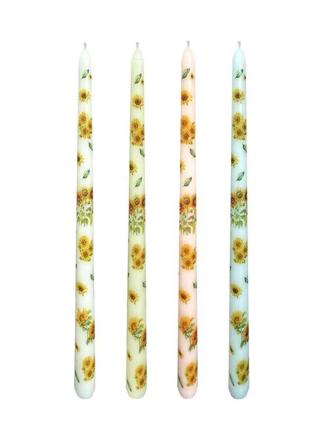 Glowsphere 4-Pack Printed Taper Candles Unscented - Dripless & Smokeless 7-Hour Burn - 10" Hand-Poured Candles with Sunflower Design for Dining, Weddings (White/Pastel Yellow/Pink/Blue) - Image 1