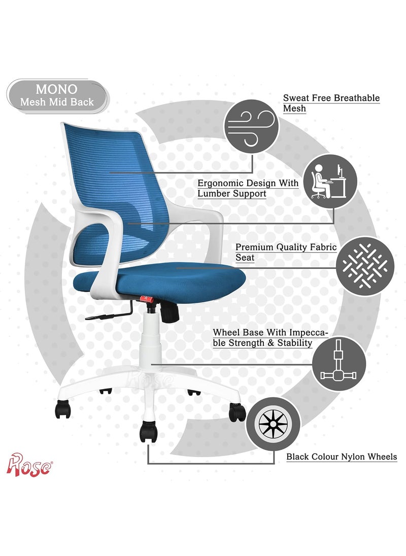 ROSE Mono  3Years Warranty Included  Mesh MidBack Ergonomic Office Chair  Revolving Study  Work from Home ChairWhite  Blue