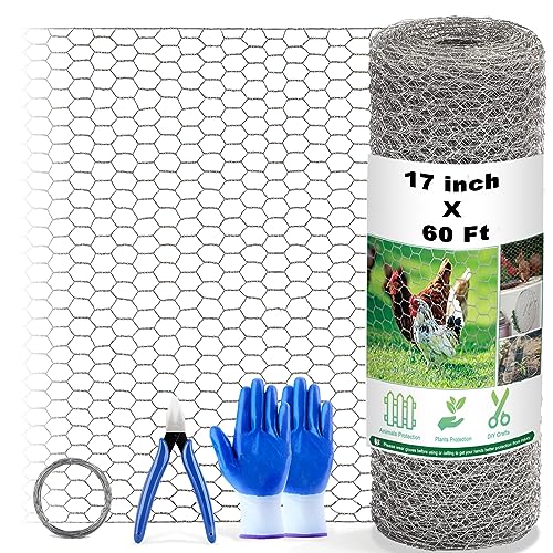 Chicken Wire Fencing Mesh 17 Inch x 60 Feet Metal Floral Chicken Wire Fence for Crafts Poultry Garden 06 Inch Hexagonal Galvanized Hardware Cloth Netting for Chicken Coop Barrier Rabbit Cage