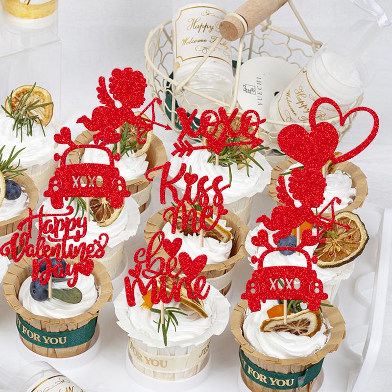 Rsstarxi 24 Pack Valentine's Day Cupcake Toppers Glitter Kiss Me Cupid Be Mine Cupcake Picks Sweet Love Valentines Day Cake Decorations for Valentine's Day Wedding Bridal Shower Party Decors Red - Image 3