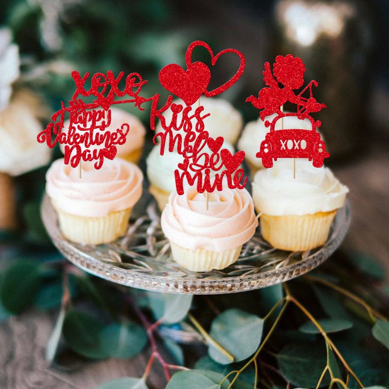 Rsstarxi 24 Pack Valentine's Day Cupcake Toppers Glitter Kiss Me Cupid Be Mine Cupcake Picks Sweet Love Valentines Day Cake Decorations for Valentine's Day Wedding Bridal Shower Party Decors Red - Image 5