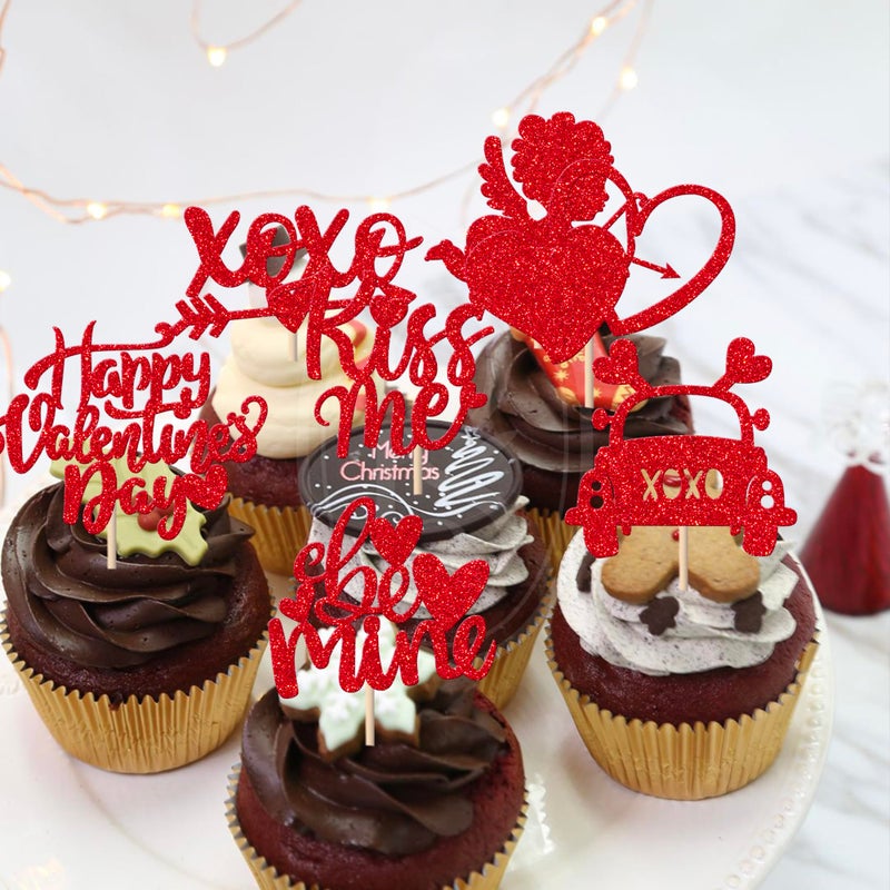 Rsstarxi 24 Pack Valentine's Day Cupcake Toppers Glitter Kiss Me Cupid Be Mine Cupcake Picks Sweet Love Valentines Day Cake Decorations for Valentine's Day Wedding Bridal Shower Party Decors Red - Image 4