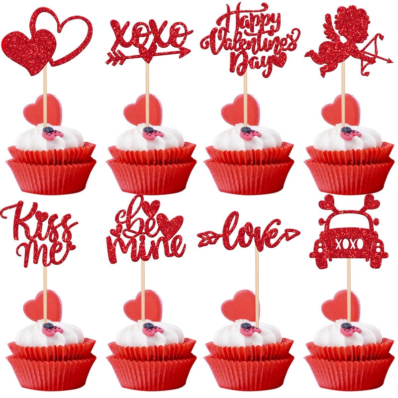 Rsstarxi 24 Pack Valentine's Day Cupcake Toppers Glitter Kiss Me Cupid Be Mine Cupcake Picks Sweet Love Valentines Day Cake Decorations for Valentine's Day Wedding Bridal Shower Party Decors Red - Image 1