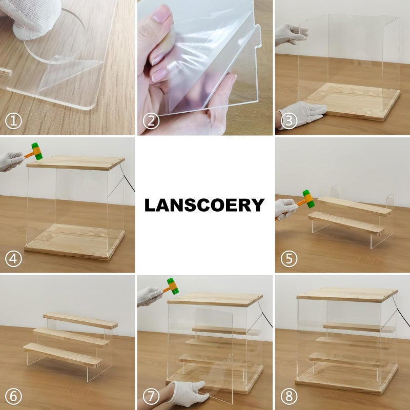 LANSCOERY حافظة عرض أكريليك مضاءة LED من LANSCOERY، صندوق عرض 4 طبقات للمقتنيات وشخصيات الحركة، منظم شفاف مقاوم للغبار مع قاعدة خشبية - 11.8x8.9x11 بوصة - Image 5