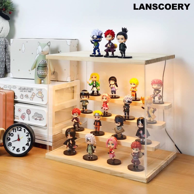 LANSCOERY حافظة عرض أكريليك مضاءة LED من LANSCOERY، صندوق عرض 4 طبقات للمقتنيات وشخصيات الحركة، منظم شفاف مقاوم للغبار مع قاعدة خشبية - 11.8x8.9x11 بوصة - Image 3
