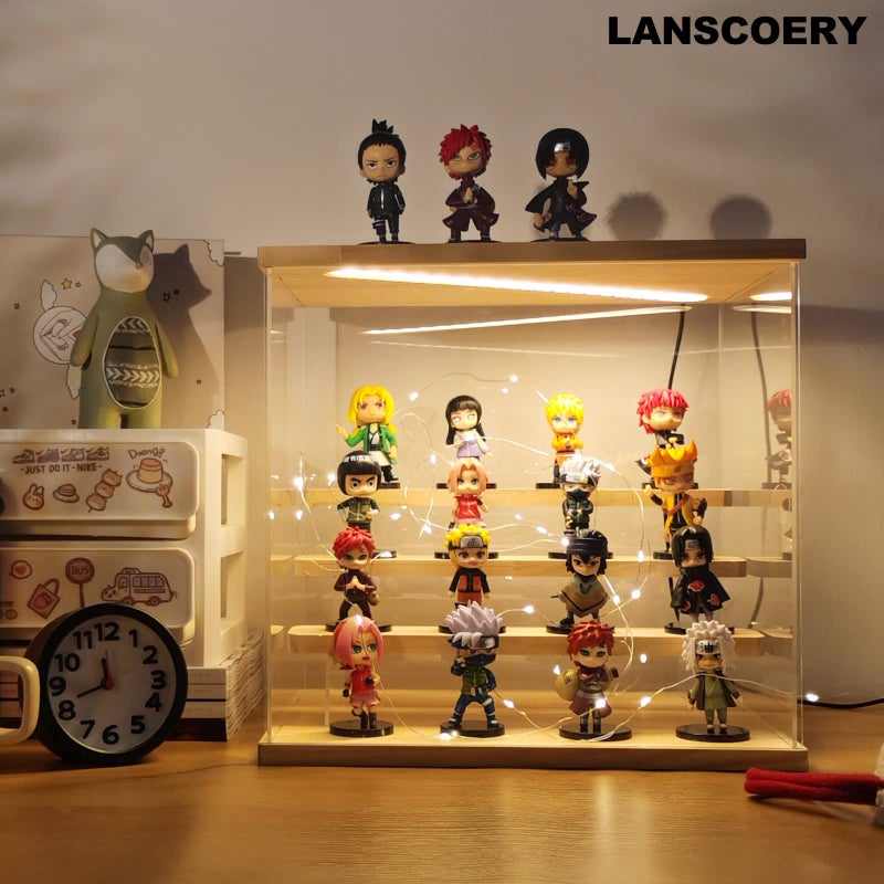 LANSCOERY حافظة عرض أكريليك مضاءة LED من LANSCOERY، صندوق عرض 4 طبقات للمقتنيات وشخصيات الحركة، منظم شفاف مقاوم للغبار مع قاعدة خشبية - 11.8x8.9x11 بوصة - Image 2