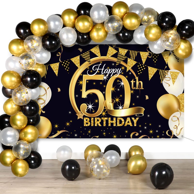 Tatuo Black  Gold 50th Birthday Decorations  Kit Includes Photography Backdrop Banner Confetti Balloons for Men  Womens Birthday Anniversary Party Supplies  Decor