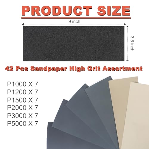 BMOTL Sandpaper Sheets Assortment for Automotive ：42 Pcs Wet Dry 9x3.6 Inch Ultra Fine Sand Paper 1000 1200 1500 2000 3000 5000 High Grit for Car Polishing Meatal Wood Finishing - Image 2
