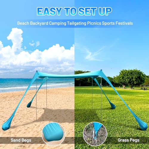 BOTINDO Family Beach Tent Canopy Sun Shade, Pop Up Grande Beach Tent Sun Shelter Stability 4 Poles with Portable Carry Bag Outdoor Shade for Fishing Backyard Camping (Turquoise, 10x10FT 4Pole) - Image 4