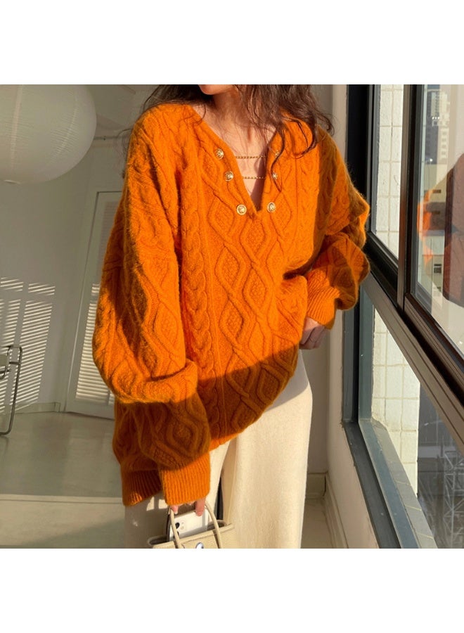 NIBEMINENT Korean Women Long Sleeves Pullover Knitted Lazy Wind Female V-Neck Loose Knit Autumn Winter Ladies Medium Long Styles Sweater - Image 3