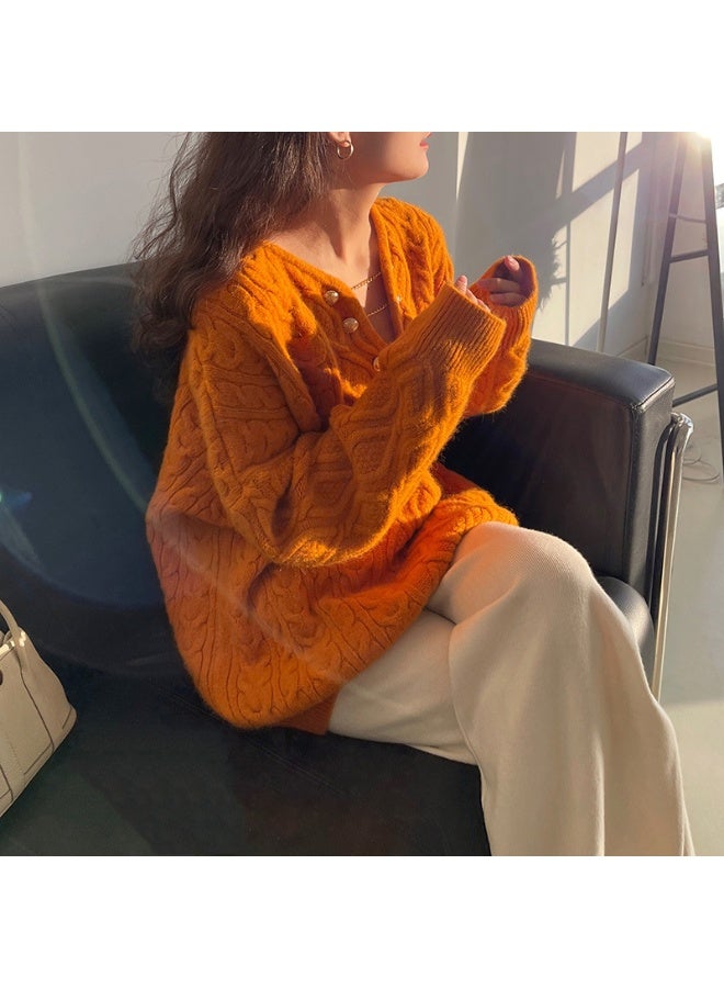 NIBEMINENT Korean Women Long Sleeves Pullover Knitted Lazy Wind Female V-Neck Loose Knit Autumn Winter Ladies Medium Long Styles Sweater - Image 1