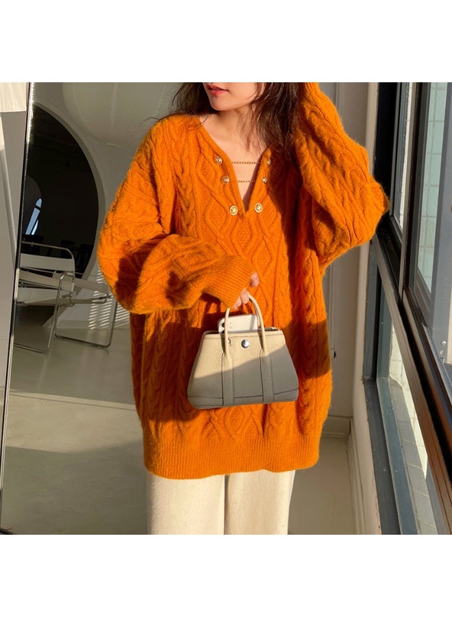 NIBEMINENT Korean Women Long Sleeves Pullover Knitted Lazy Wind Female V-Neck Loose Knit Autumn Winter Ladies Medium Long Styles Sweater - Image 2