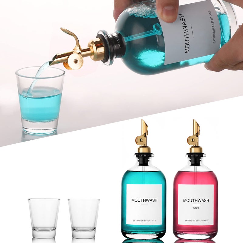 HomeFeel Mouthwash Dispenser for Bathroom, 12.7 oz, 2 Pack - Glass Mouthwash Bottle with 304 Stainless Steel Spout & Minimalist Labels, Style Mouthwash Container, Gold - Image 4
