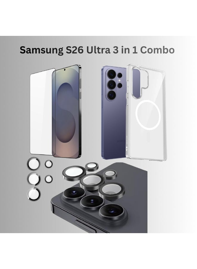YMak  3 in 1 Combo for Samsung Galaxy S26 Ultra Tempered Glass +Wireless Charging Compatible clear Case + Camera Protector - Image 1