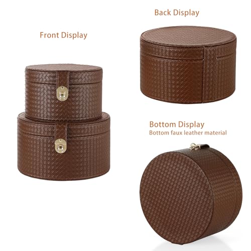 ELPMD Large Leather Decorative Boxes Set of 2 Round Hat Box Bin Basket with Lid for Shelf Coffee Table Storage Remotes Modern Home Decor (brown) - Image 5